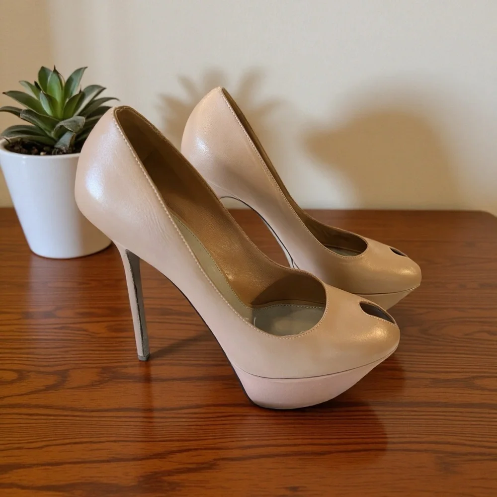 Sergio Rossi Taupe Neutral Peep Toe Platform High Heels